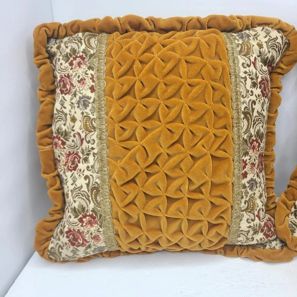 Vtg 70s Smocked Velvet Throw Pillows Pair Mustard Gold Smocking Floral Brocade 2